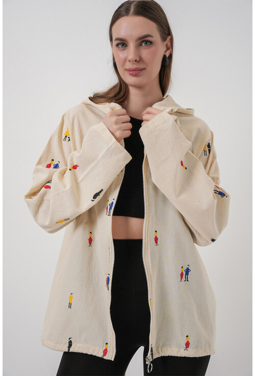 Kadın Kapüşonlu Desenli Keten Ceket 0736