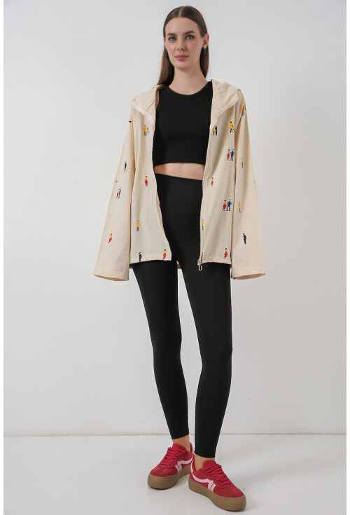 Kadın Kapüşonlu Desenli Keten Ceket 0736