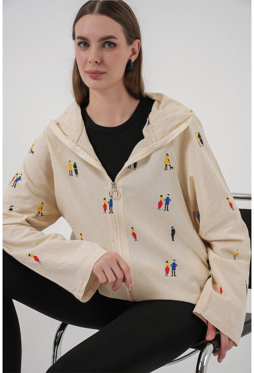 Kadın Kapüşonlu Desenli Keten Ceket 0736