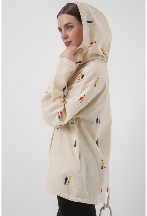 Kadın Kapüşonlu Desenli Keten Ceket 0736