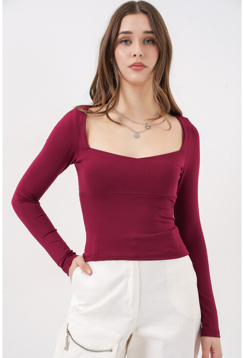 Kadın Kare Yaka Slim Fit Bluz 986