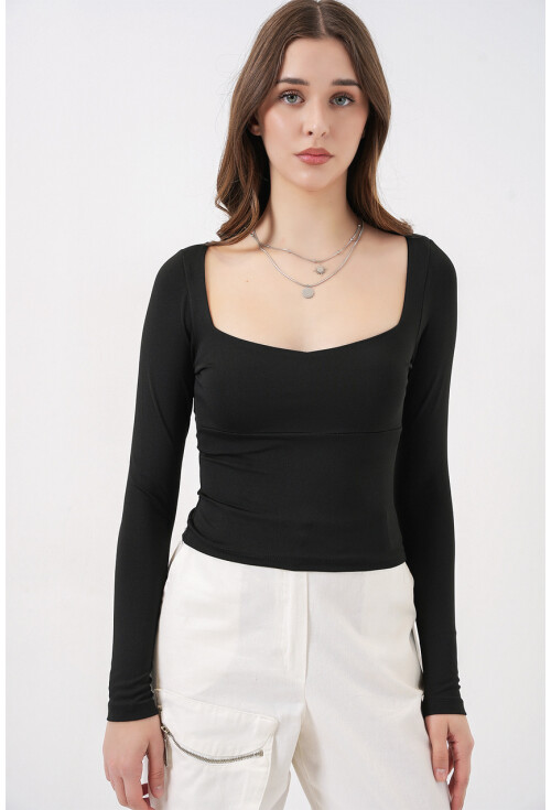 Kadın Kare Yaka Slim Fit Bluz 986