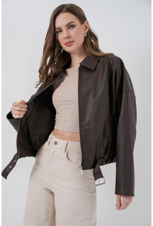 Kadın Kemer Detaylı Deri Ceket 1056