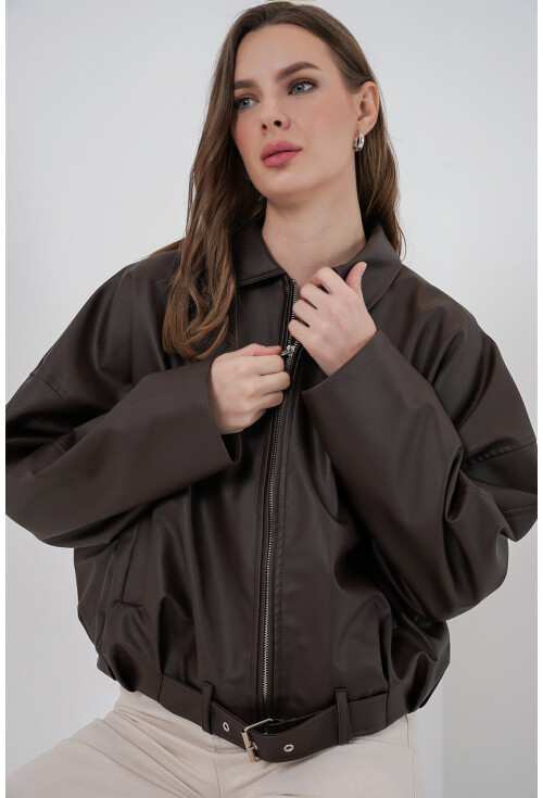 Kadın Kemer Detaylı Deri Ceket 1056