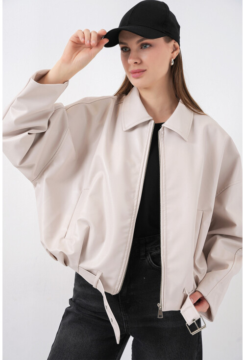 Kadın Kemer Detaylı Deri Ceket 1056