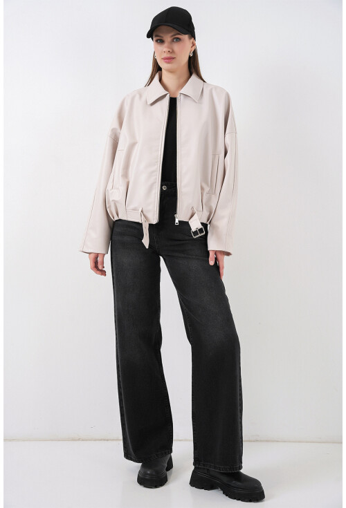 Kadın Kemer Detaylı Deri Ceket 1056