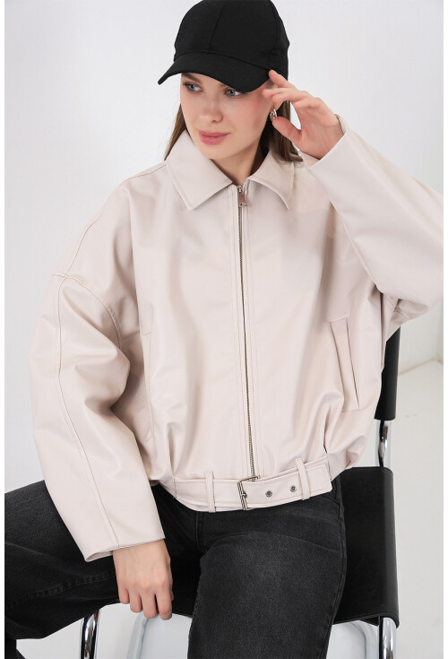 Kadın Kemer Detaylı Deri Ceket 1056