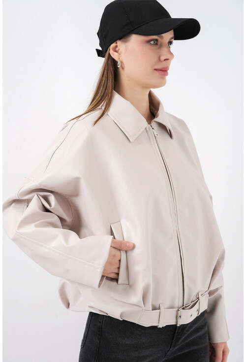 Kadın Kemer Detaylı Deri Ceket 1056