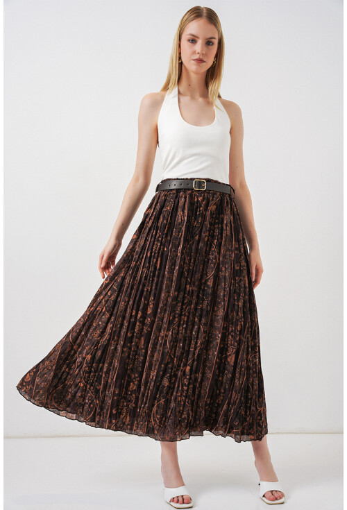 Kadın Kemerli Desenli Etek 8074