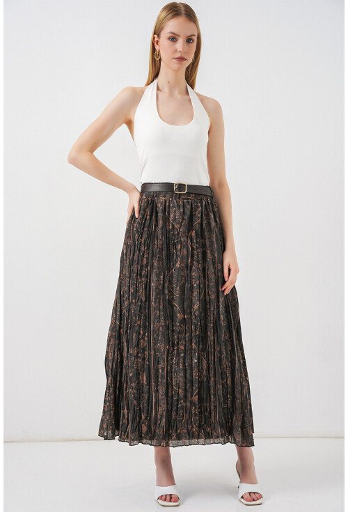 Kadın Kemerli Desenli Etek 8074