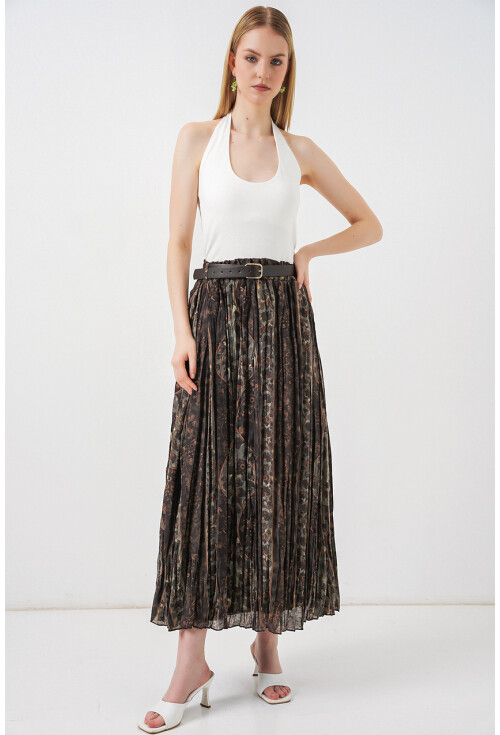 Kadın Kemerli Desenli Etek 8074
