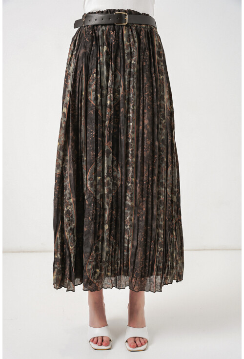 Kadın Kemerli Desenli Etek 8074