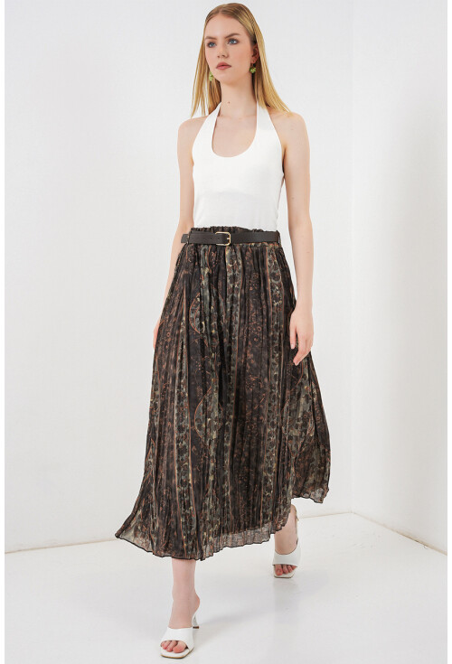 Kadın Kemerli Desenli Etek 8074