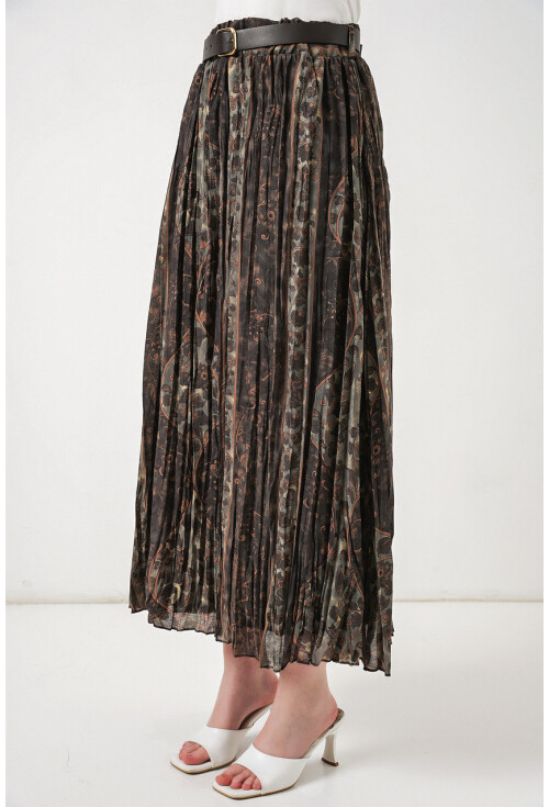 Kadın Kemerli Desenli Etek 8074