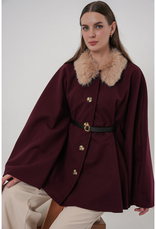 Kadın Kemerli Kaşe Panço 9165