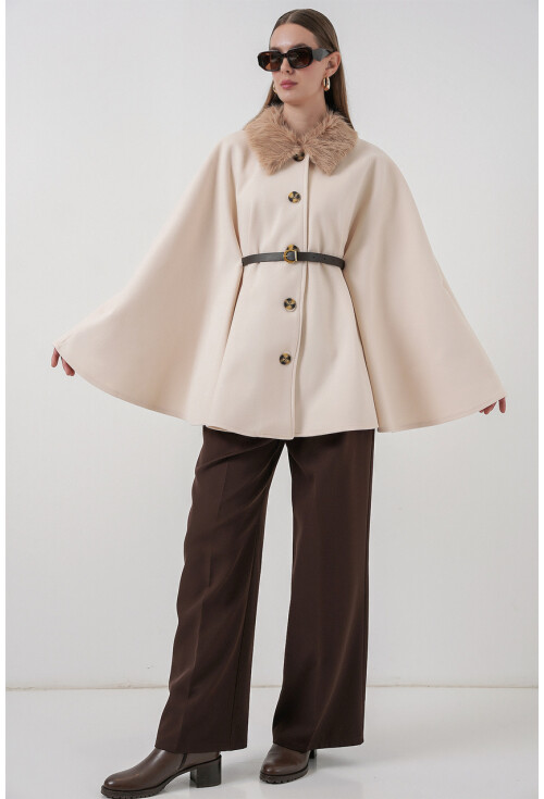 Kadın Kemerli Kaşe Panço 9165