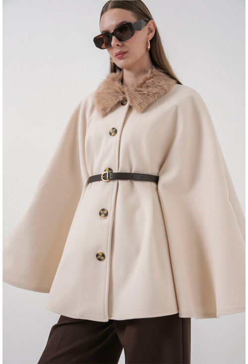 Kadın Kemerli Kaşe Panço 9165