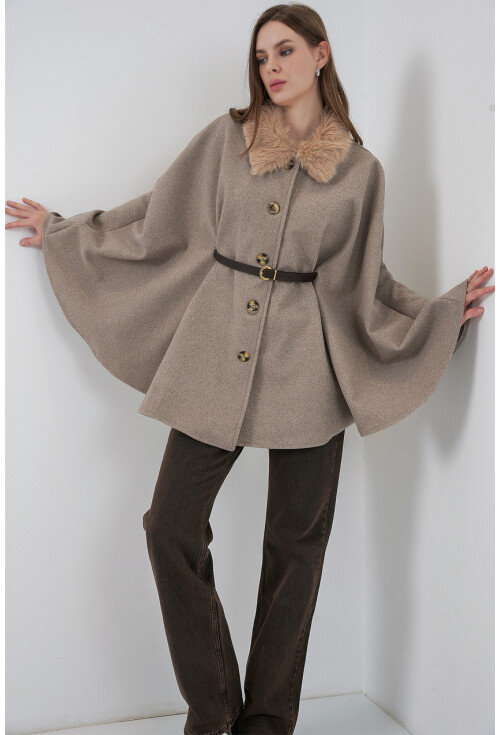 Kadın Kemerli Kaşe Panço 9165