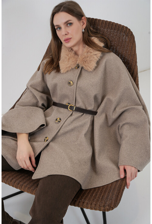 Kadın Kemerli Kaşe Panço 9165