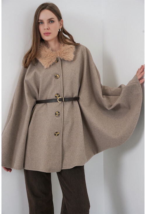 Kadın Kemerli Kaşe Panço 9165