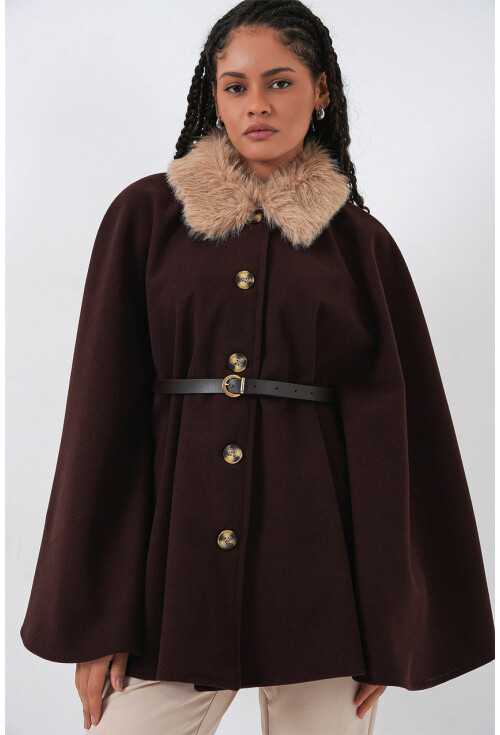 Kadın Kemerli Kaşe Panço 9165