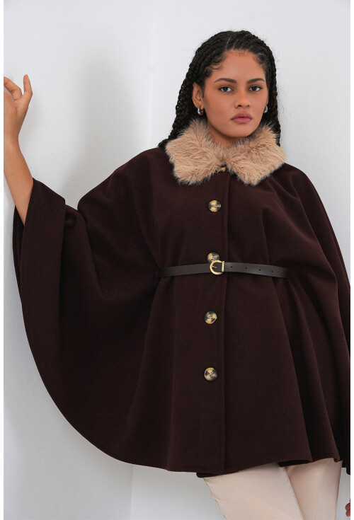 Kadın Kemerli Kaşe Panço 9165