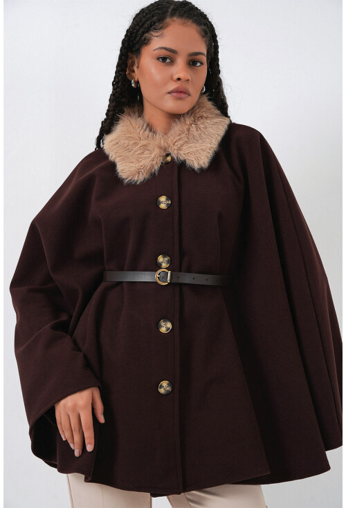 Kadın Kemerli Kaşe Panço 9165