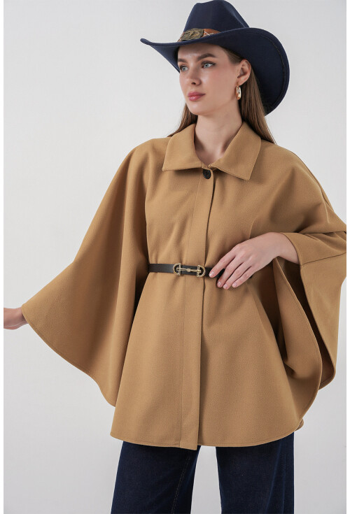 Kadın Kemerli Kaşe Panço 9170