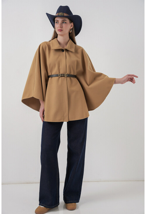 Kadın Kemerli Kaşe Panço 9170