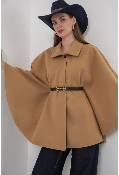 Kadın Kemerli Kaşe Panço 9170