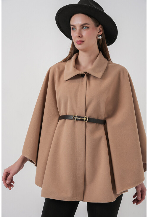 Kadın Kemerli Kaşe Panço 9170