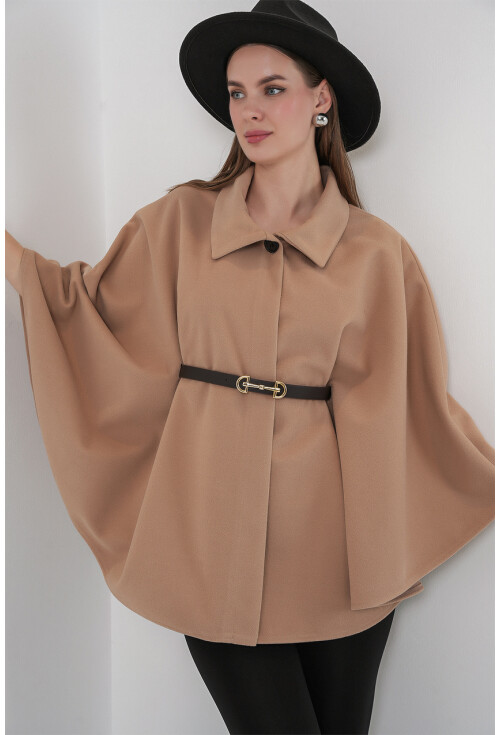 Kadın Kemerli Kaşe Panço 9170