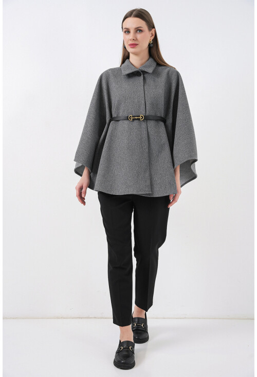 Kadın Kemerli Kaşe Panço 9170