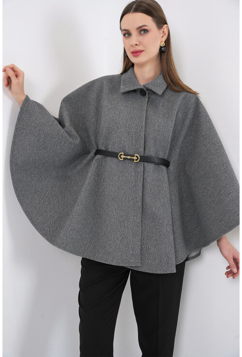 Kadın Kemerli Kaşe Panço 9170