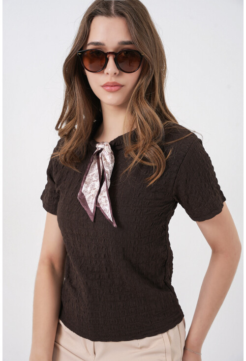 Kadın Kısa Kol Fularlı Örme Bluz 981