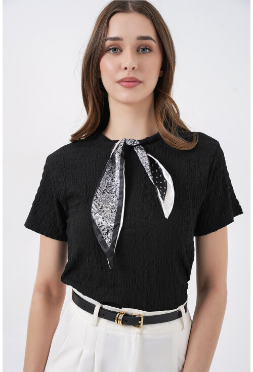 Kadın Kısa Kol Fularlı Örme Bluz 981