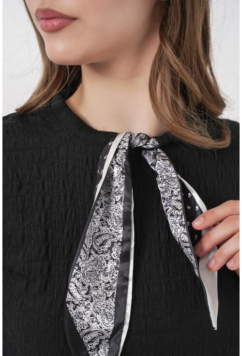 Kadın Kısa Kol Fularlı Örme Bluz 981