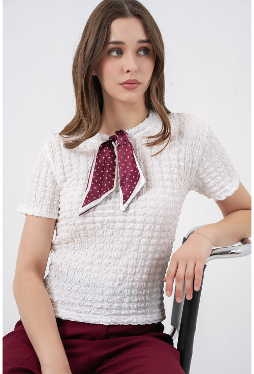 Kadın Kısa Kol Fularlı Örme Bluz 981