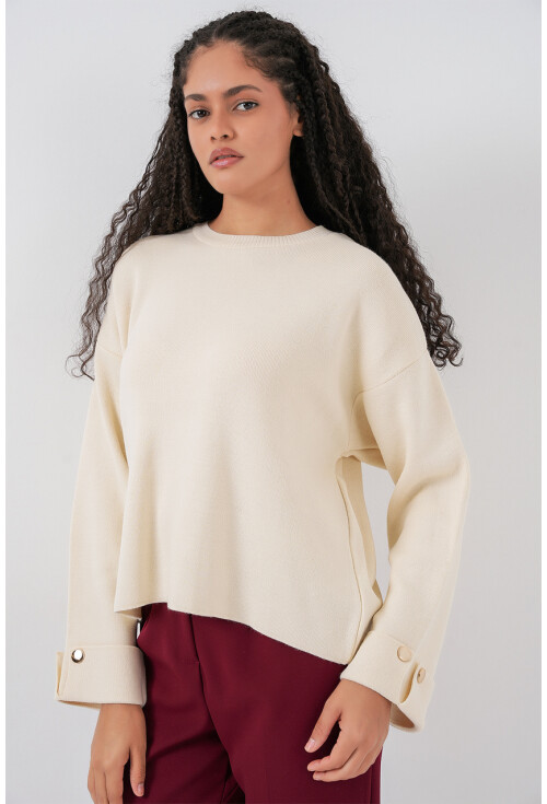 Kadın Kol Düğmeli Oversize Triko Kazak 15981