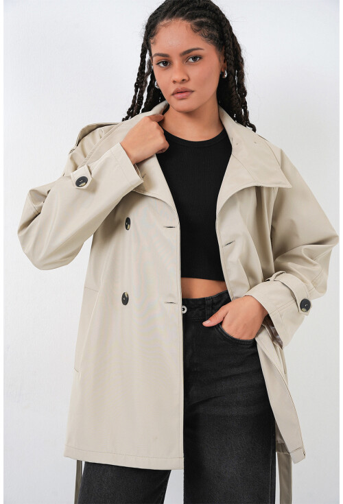 Kadın Kruvaze Yaka Kısa Trençkot 5980