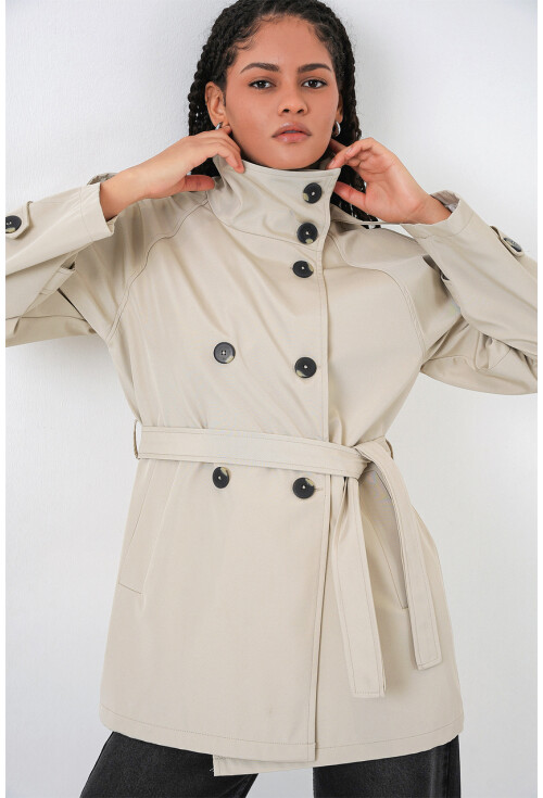 Kadın Kruvaze Yaka Kısa Trençkot 5980