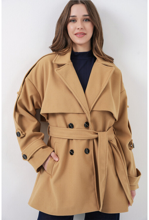 Kadın Kuşaklı Oversize Kaşe Kaban 9157