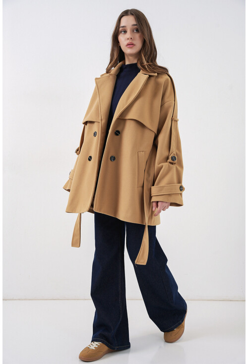 Kadın Kuşaklı Oversize Kaşe Kaban 9157