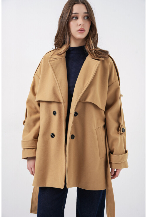 Kadın Kuşaklı Oversize Kaşe Kaban 9157