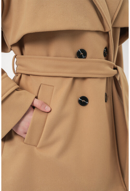 Kadın Kuşaklı Oversize Kaşe Kaban 9157