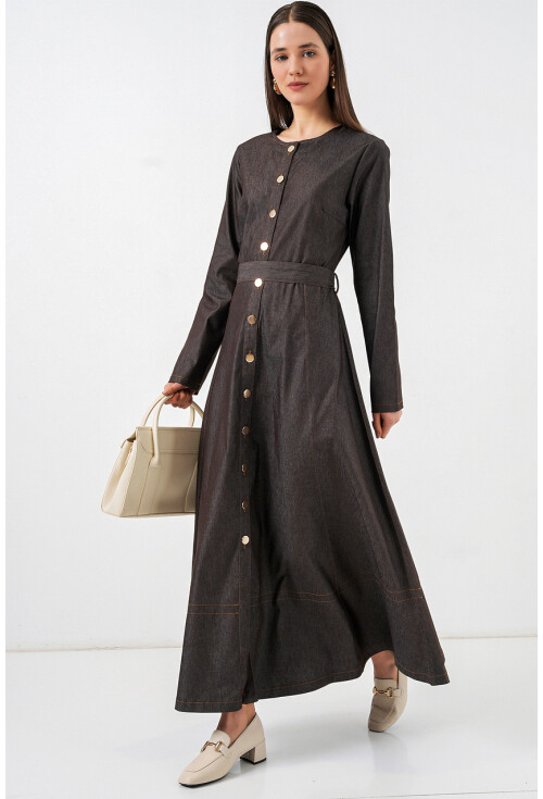 Kadın Kuşaklı Uzun Denim Elbise 2595