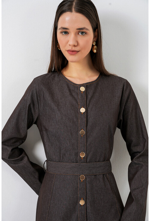 Kadın Kuşaklı Uzun Denim Elbise 2595