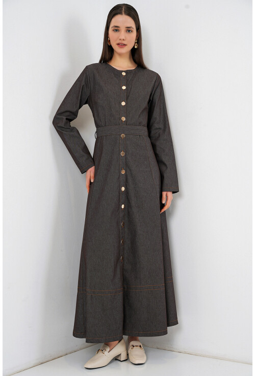 Kadın Kuşaklı Uzun Denim Elbise 2595