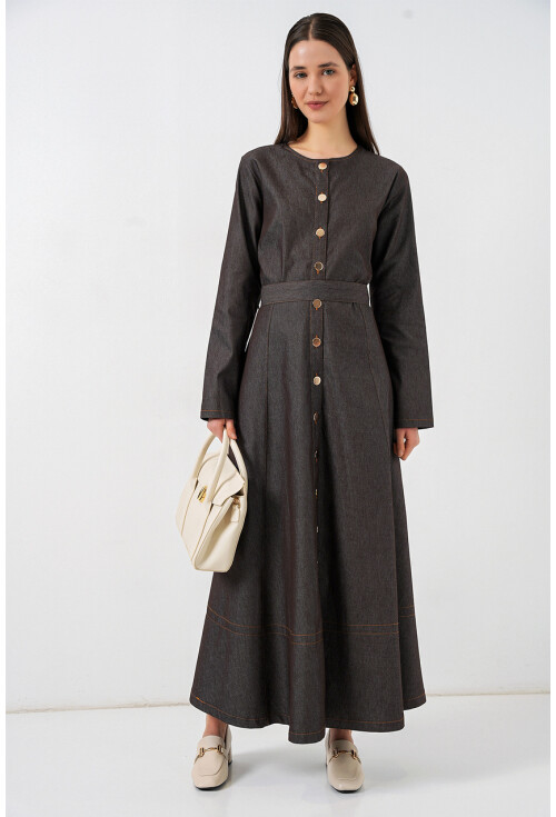 Kadın Kuşaklı Uzun Denim Elbise 2595