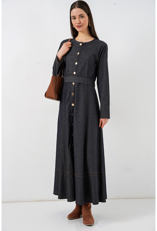 Kadın Kuşaklı Uzun Denim Elbise 2595